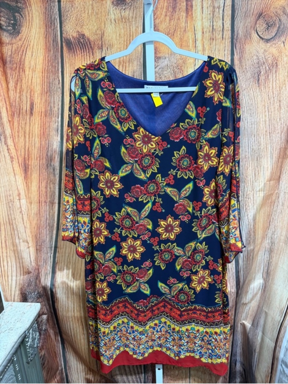 Madison Leigh Navy Floral Border Long Sleeve Dress